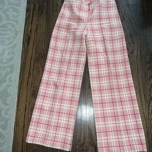 Vtg 70s Barbie Core Pants High Waist Womens Pink Plaid Flare Wide Leg 26